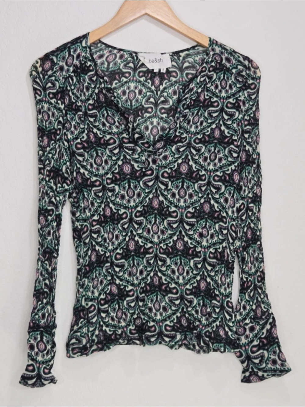Ba&sh Fel Green Paisley Pleated Georgette Semi Sheer Blouse Size S $260